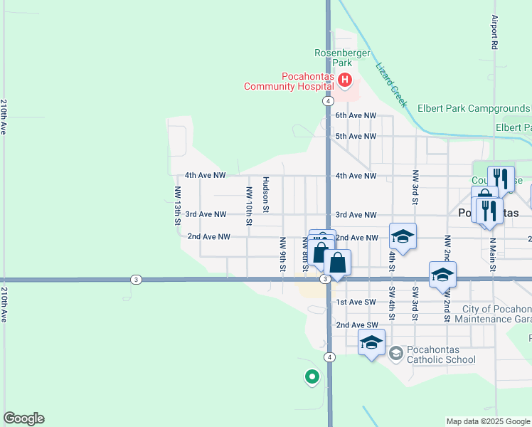 map of restaurants, bars, coffee shops, grocery stores, and more near 301 Hudson Street in Pocahontas