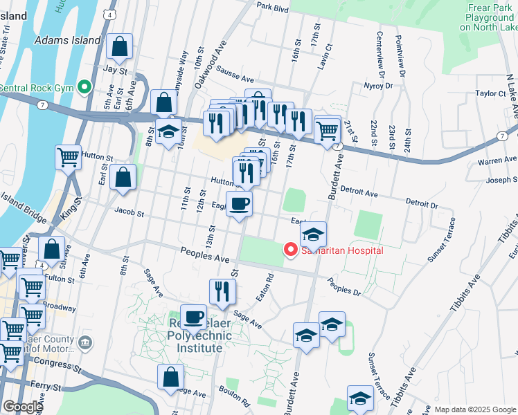 map of restaurants, bars, coffee shops, grocery stores, and more near 2219 16th Street in Troy