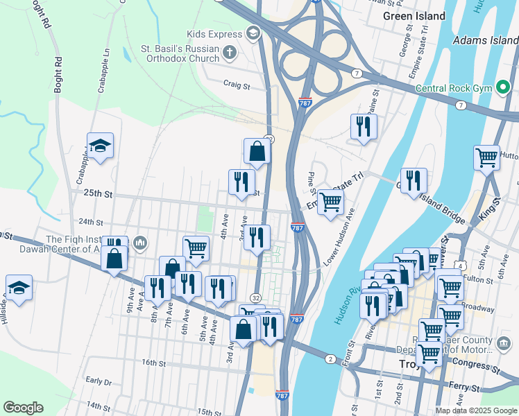 map of restaurants, bars, coffee shops, grocery stores, and more near 2457 2nd Avenue in Watervliet