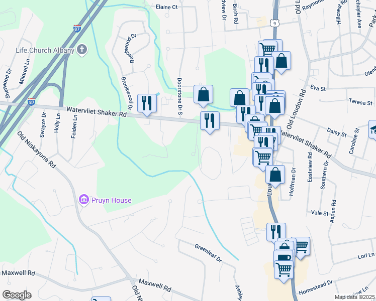map of restaurants, bars, coffee shops, grocery stores, and more near 626 Watervliet Shaker Road in Latham