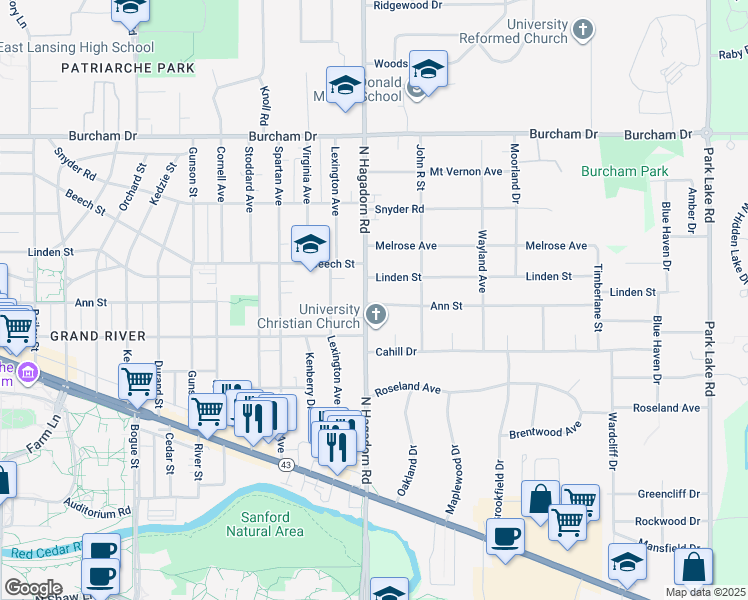 map of restaurants, bars, coffee shops, grocery stores, and more near 326 North Hagadorn Road in East Lansing
