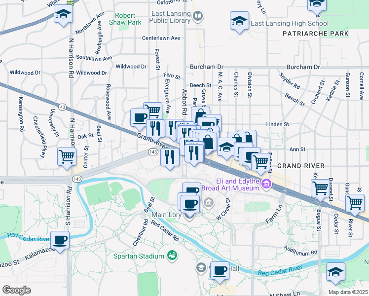 map of restaurants, bars, coffee shops, grocery stores, and more near 38 Abbot Road in East Lansing