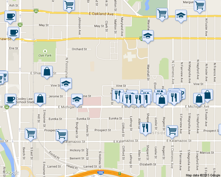 map of restaurants, bars, coffee shops, grocery stores, and more near 1407 Jerome Street in Lansing