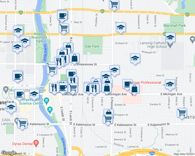 map of restaurants, bars, coffee shops, grocery stores, and more near 205 North 8th Street in Lansing
