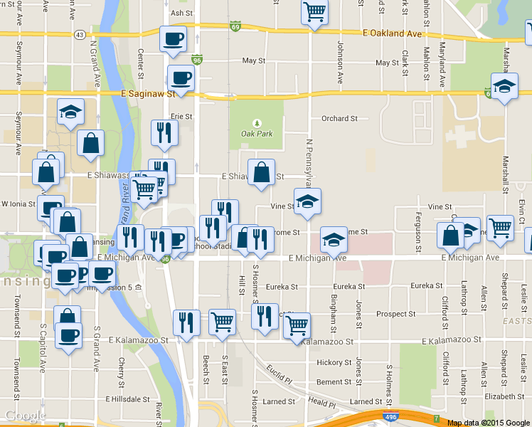 map of restaurants, bars, coffee shops, grocery stores, and more near 205 North 8th Street in Lansing