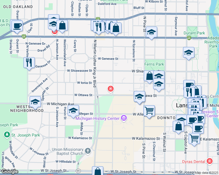 map of restaurants, bars, coffee shops, grocery stores, and more near 916 West Ottawa Street in Lansing