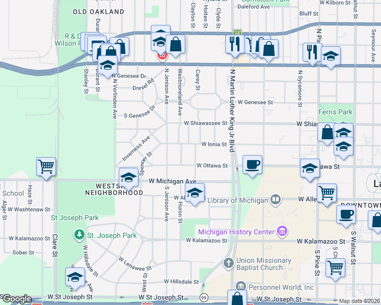 map of restaurants, bars, coffee shops, grocery stores, and more near 206 Westmoreland Avenue in Lansing