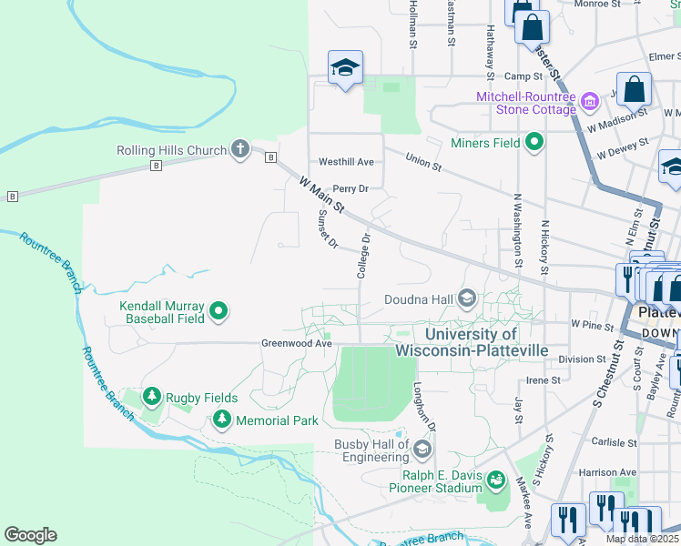 map of restaurants, bars, coffee shops, grocery stores, and more near 20 College Drive in Platteville