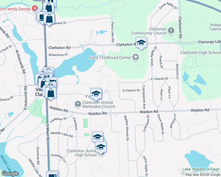 map of restaurants, bars, coffee shops, grocery stores, and more near 6541 Church Street in Clarkston
