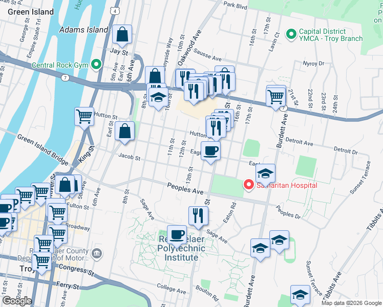 map of restaurants, bars, coffee shops, grocery stores, and more near 2208 12th Street in Troy
