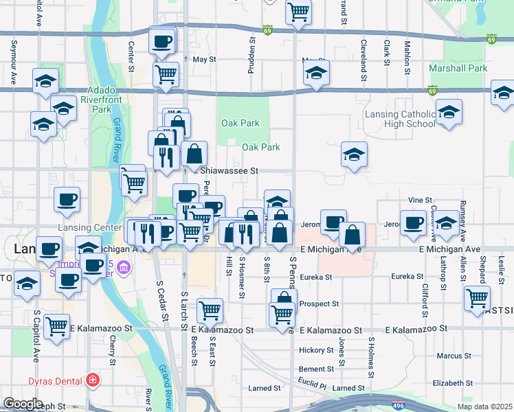 map of restaurants, bars, coffee shops, grocery stores, and more near 205 North 8th Street in Lansing