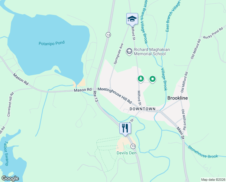 map of restaurants, bars, coffee shops, grocery stores, and more near 20 Meetinghouse Hill Rd in Brookline