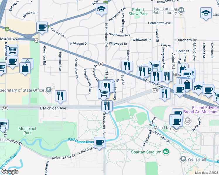 map of restaurants, bars, coffee shops, grocery stores, and more near 220 North Harrison Road in East Lansing