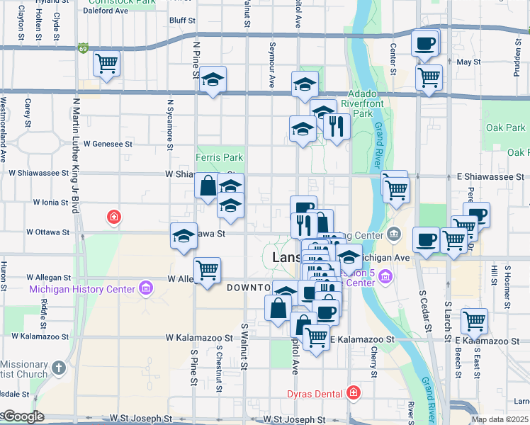 map of restaurants, bars, coffee shops, grocery stores, and more near 229 Seymour Avenue in Lansing