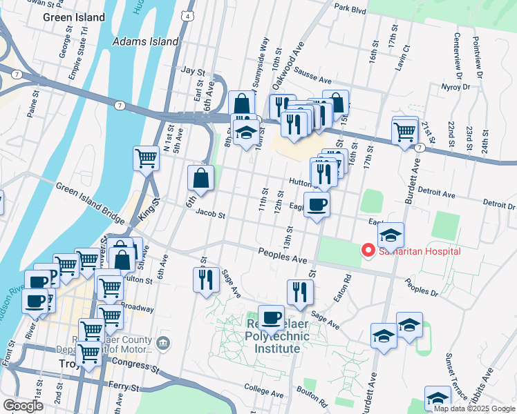 map of restaurants, bars, coffee shops, grocery stores, and more near 91 11th Street in Troy