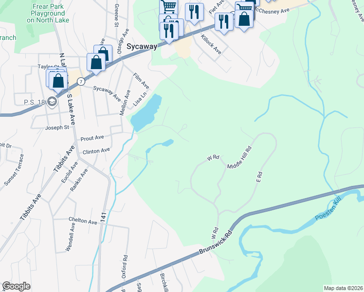 map of restaurants, bars, coffee shops, grocery stores, and more near 18 Ledgestone Road in Troy