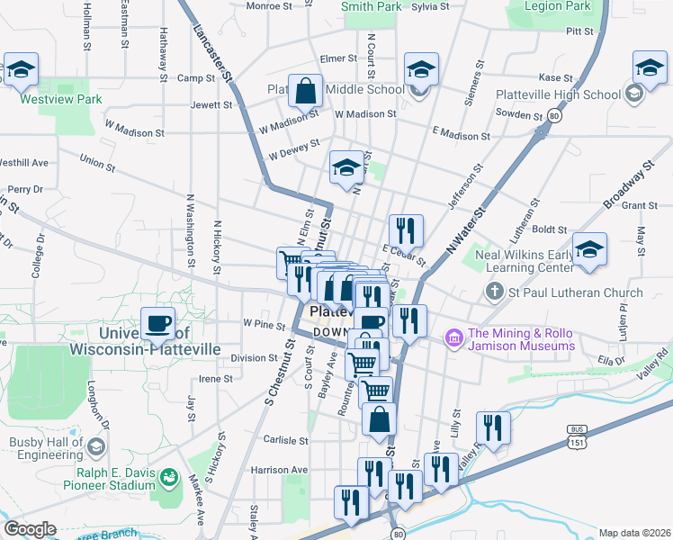 map of restaurants, bars, coffee shops, grocery stores, and more near 80 Market Street in Platteville