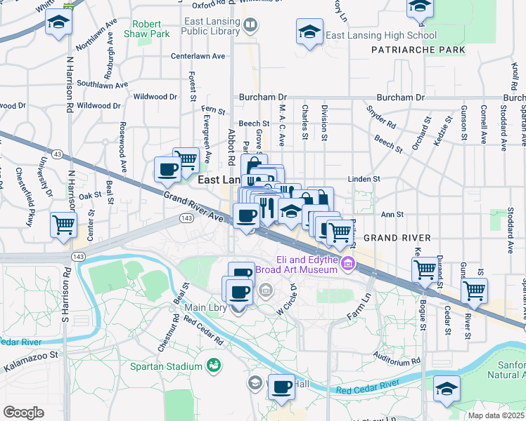 map of restaurants, bars, coffee shops, grocery stores, and more near 208 Albert Street in East Lansing
