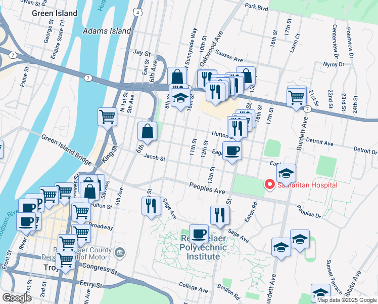 map of restaurants, bars, coffee shops, grocery stores, and more near 91 11th Street in Troy
