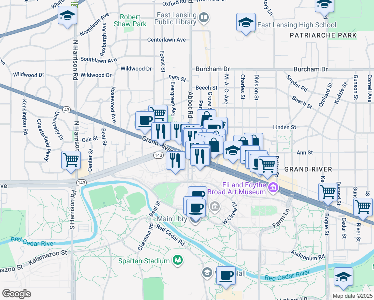 map of restaurants, bars, coffee shops, grocery stores, and more near 38 Abbot Road in East Lansing