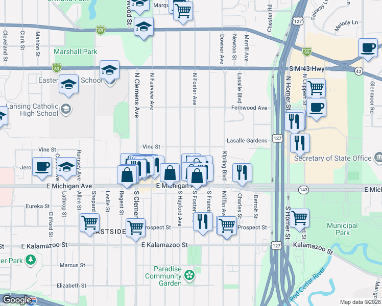 map of restaurants, bars, coffee shops, grocery stores, and more near 200 North Foster Avenue in Lansing