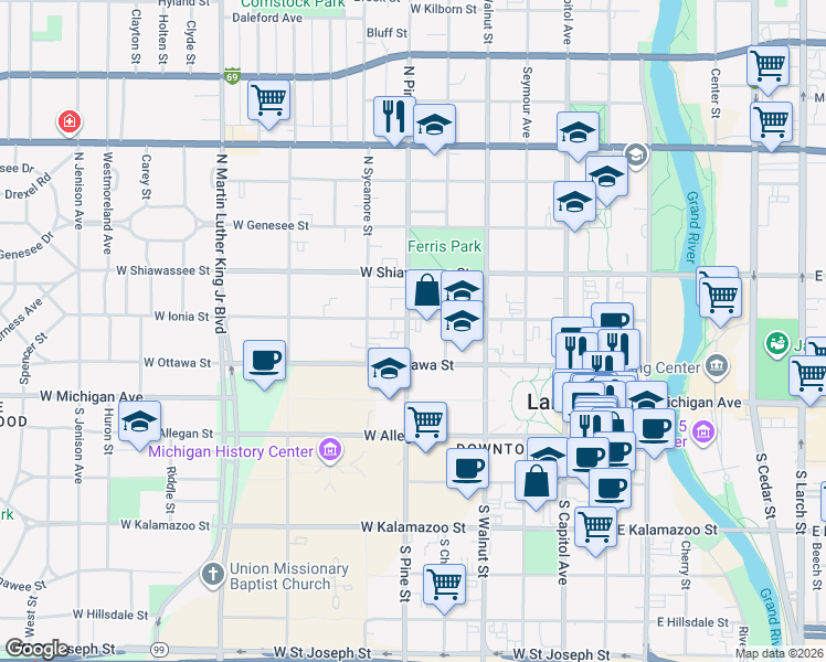map of restaurants, bars, coffee shops, grocery stores, and more near 510 West Ottawa Street in Lansing