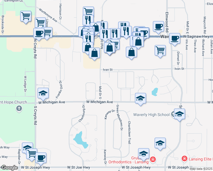 map of restaurants, bars, coffee shops, grocery stores, and more near 121 Falls Court in Lansing