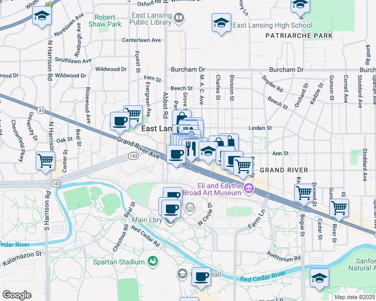map of restaurants, bars, coffee shops, grocery stores, and more near 208 Albert Street in East Lansing