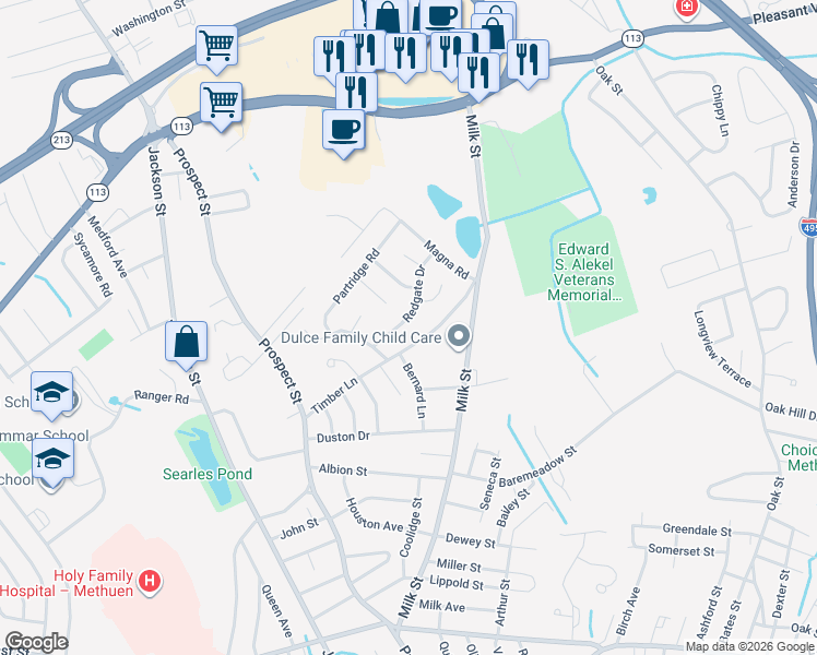 map of restaurants, bars, coffee shops, grocery stores, and more near 32 Timber Lane in Methuen