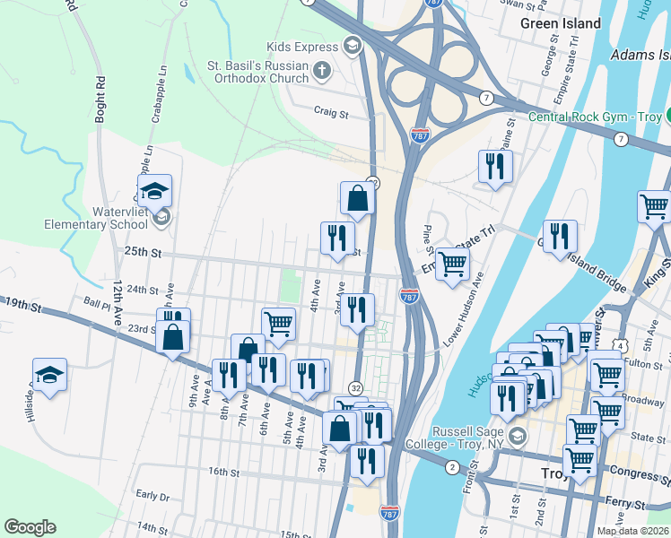 map of restaurants, bars, coffee shops, grocery stores, and more near 2423 3rd Avenue in Watervliet