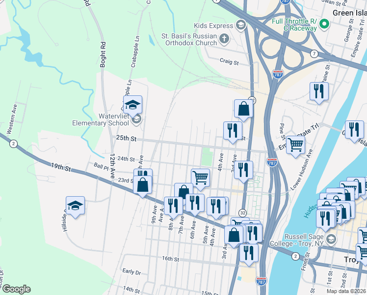 map of restaurants, bars, coffee shops, grocery stores, and more near 2414 8th Avenue in Watervliet