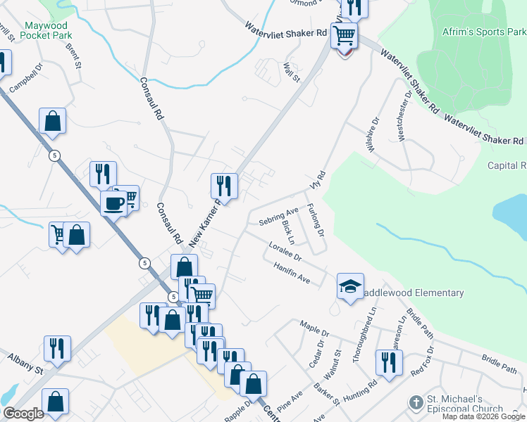 map of restaurants, bars, coffee shops, grocery stores, and more near 3 Sebring Avenue in Colonie