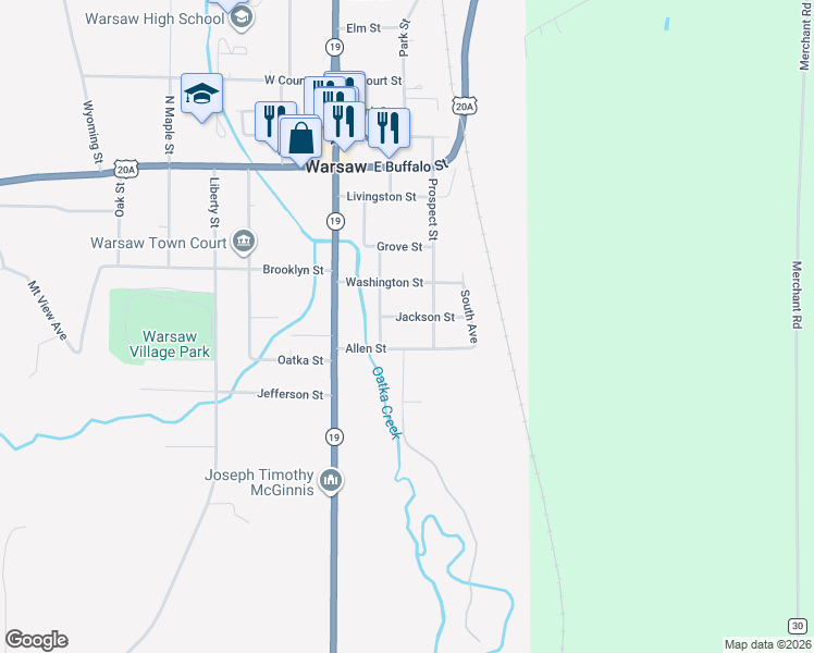 map of restaurants, bars, coffee shops, grocery stores, and more near 92 Butternut Street in Warsaw