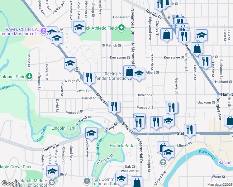 map of restaurants, bars, coffee shops, grocery stores, and more near 1127 Carlisle Avenue in Racine