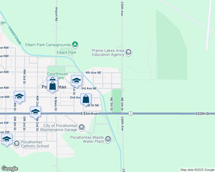 map of restaurants, bars, coffee shops, grocery stores, and more near 407 3rd Avenue Northeast in Pocahontas