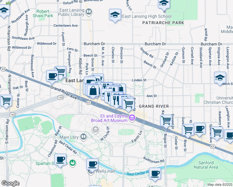 map of restaurants, bars, coffee shops, grocery stores, and more near 425 Albert Street in East Lansing