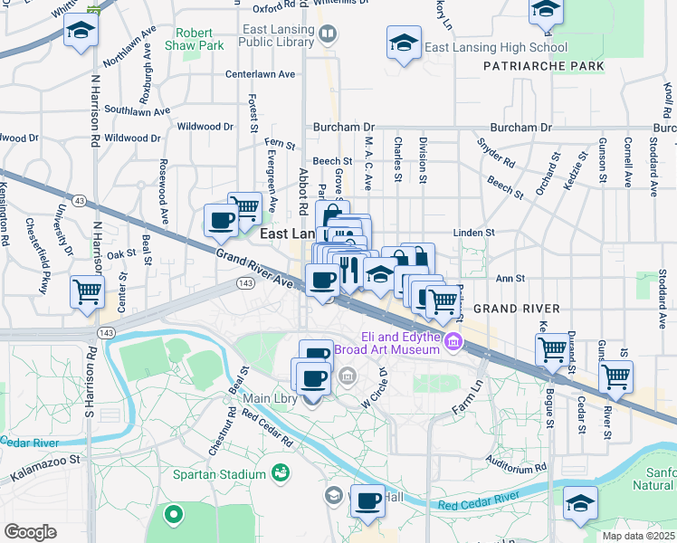 map of restaurants, bars, coffee shops, grocery stores, and more near 200 Albert Street in East Lansing