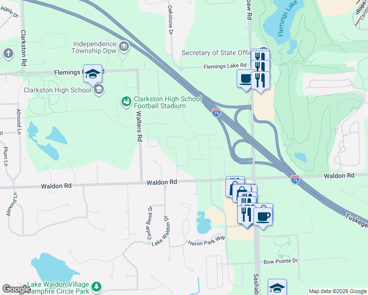 map of restaurants, bars, coffee shops, grocery stores, and more near 5860 Waldon Road in Clarkston