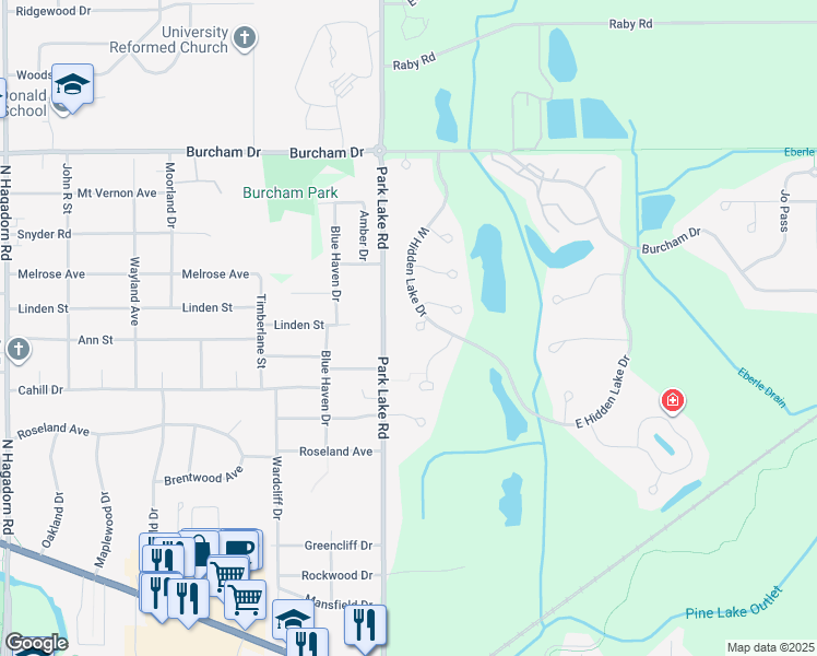 map of restaurants, bars, coffee shops, grocery stores, and more near 5320 Park Lake Road in East Lansing