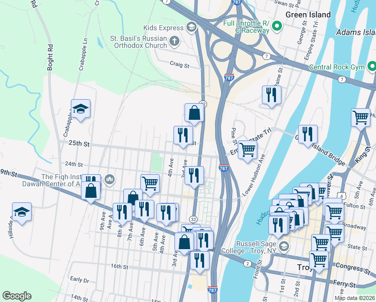 map of restaurants, bars, coffee shops, grocery stores, and more near 2423 3rd Avenue in Watervliet