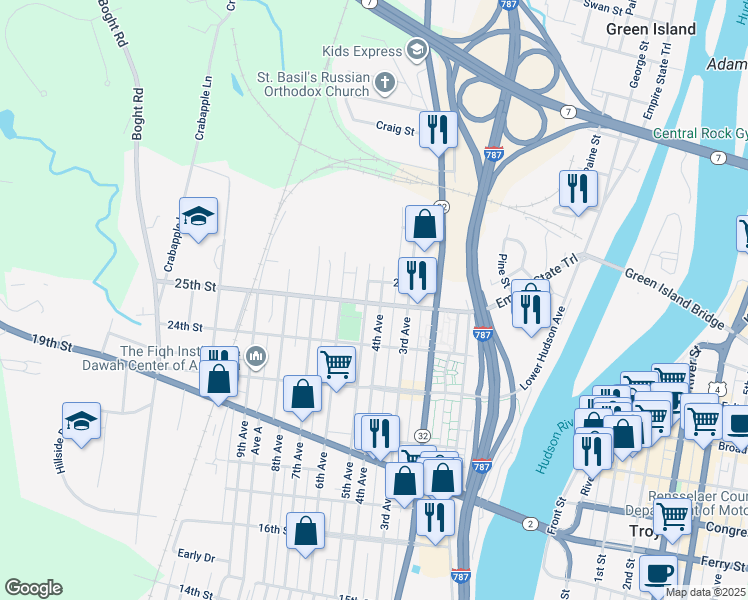 map of restaurants, bars, coffee shops, grocery stores, and more near 2425 4th Avenue in Watervliet