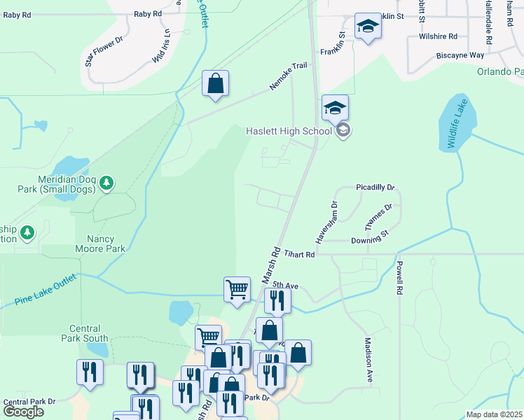 map of restaurants, bars, coffee shops, grocery stores, and more near 1727 Montgomery Court in Meridian charter Township