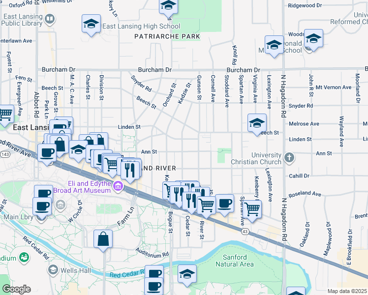 map of restaurants, bars, coffee shops, grocery stores, and more near 280 Durand Street in East Lansing