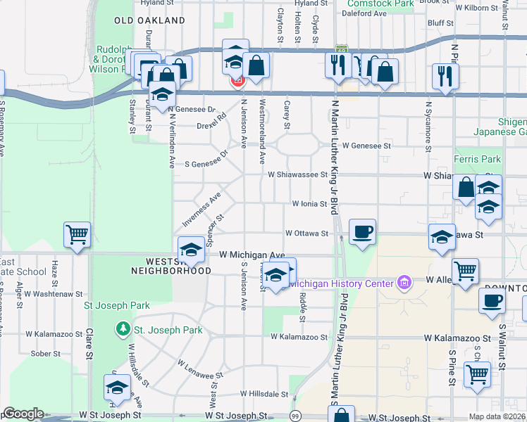 map of restaurants, bars, coffee shops, grocery stores, and more near 206 Westmoreland Avenue in Lansing