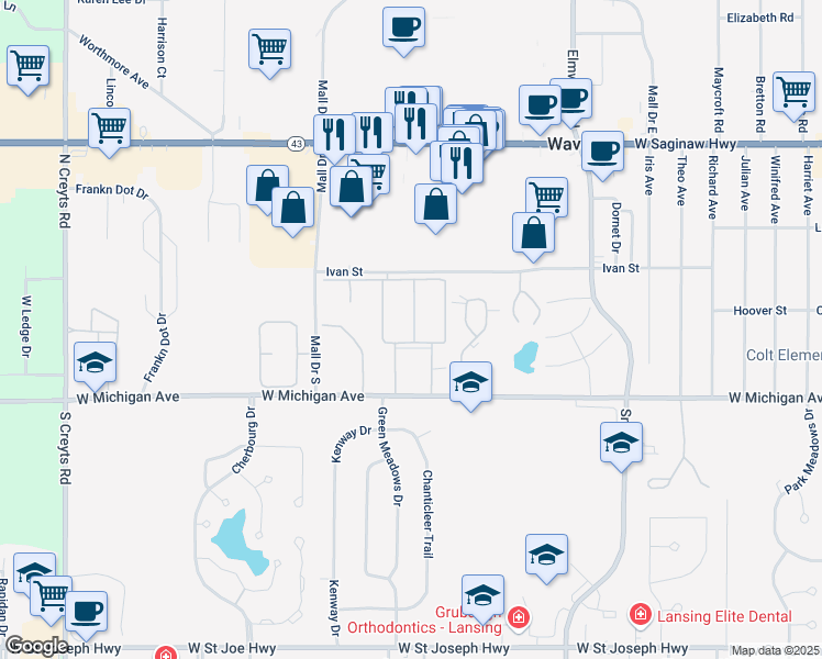 map of restaurants, bars, coffee shops, grocery stores, and more near 115 Parkwest Drive in Lansing