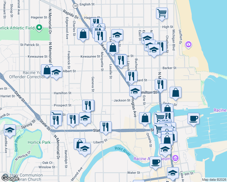 map of restaurants, bars, coffee shops, grocery stores, and more near 1126 Lasalle Street in Racine