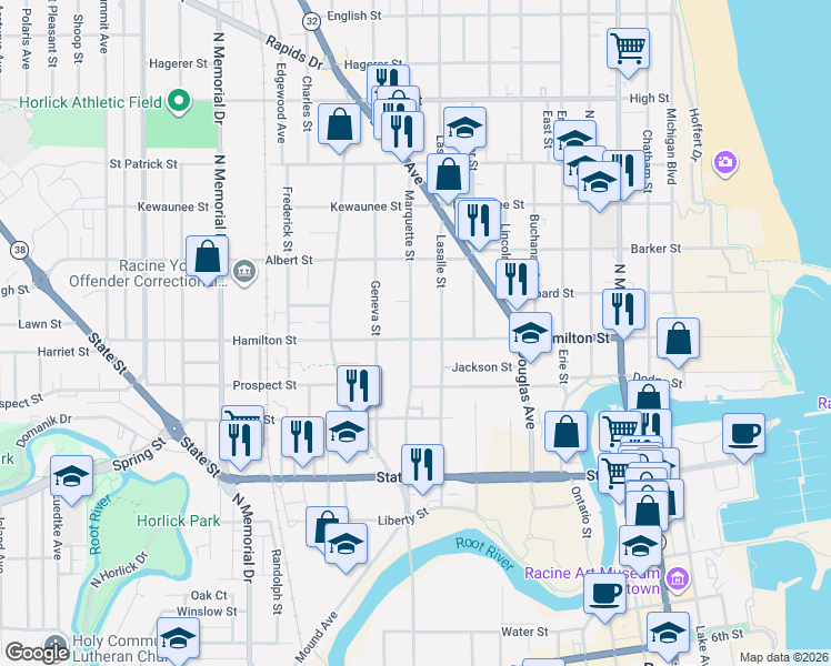 map of restaurants, bars, coffee shops, grocery stores, and more near 1126 Lasalle Street in Racine