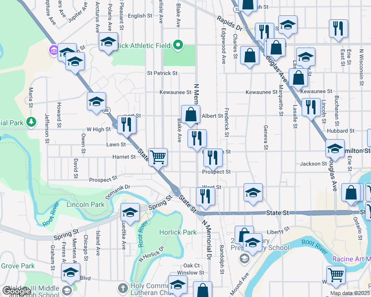 map of restaurants, bars, coffee shops, grocery stores, and more near 1616 Woodrow Avenue in Racine