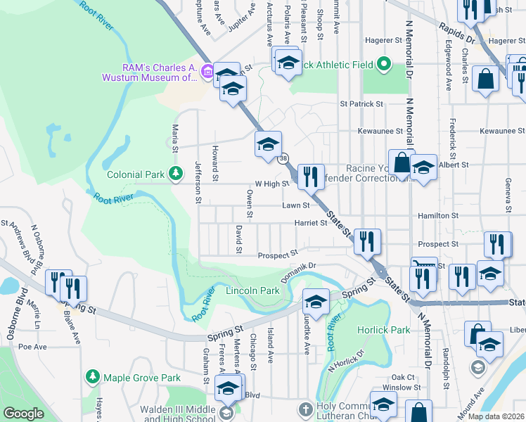 map of restaurants, bars, coffee shops, grocery stores, and more near 2209 Harriet Street in Racine