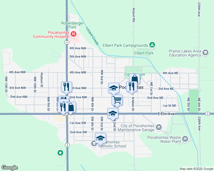 map of restaurants, bars, coffee shops, grocery stores, and more near 201-299 3rd Avenue Northwest in Pocahontas